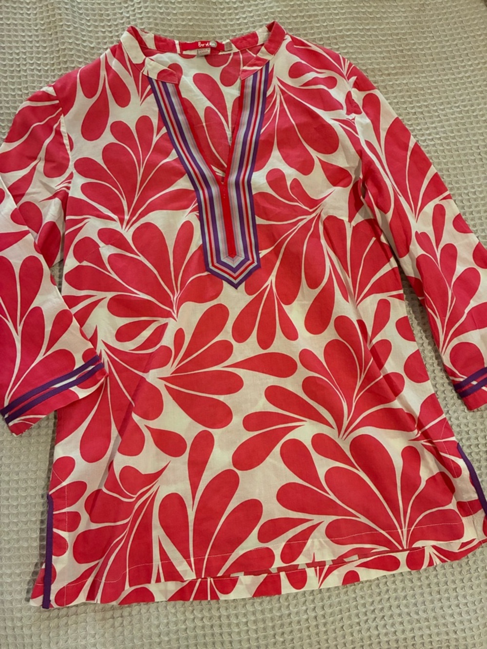Boden Pink& White Floral Tunic with Stripe Trim, US 8, Cotton